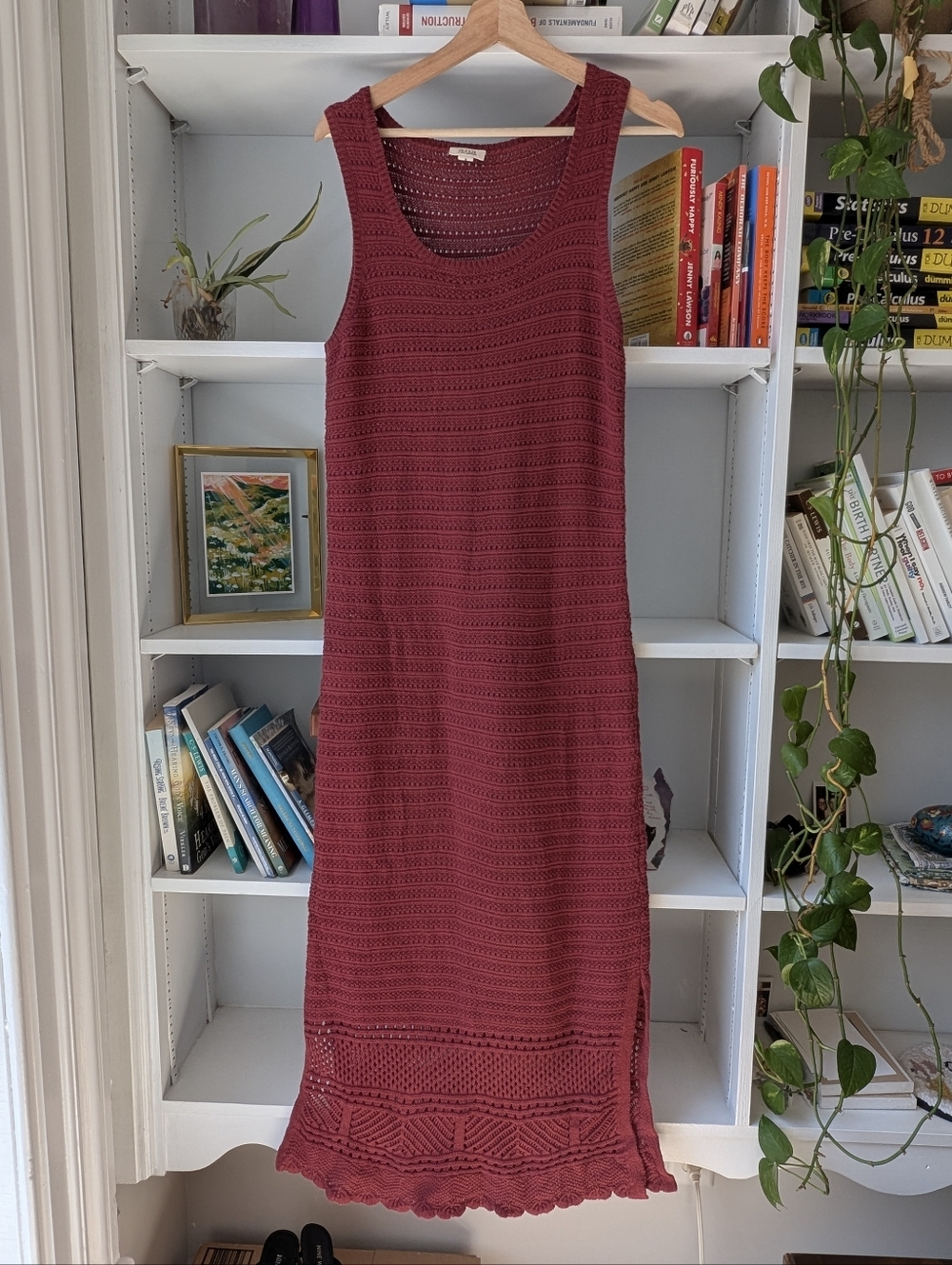Ana Women's Crochet Maxi Dress Burgundy Knit Sz Medium Boho Cottagecore Fall